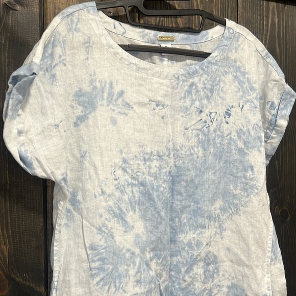 Magaschoni Cloudy Tie Dye‎ Dress M Blue White Frayed Raw Hem Boho Cuffed Short - Picture 2 of 10